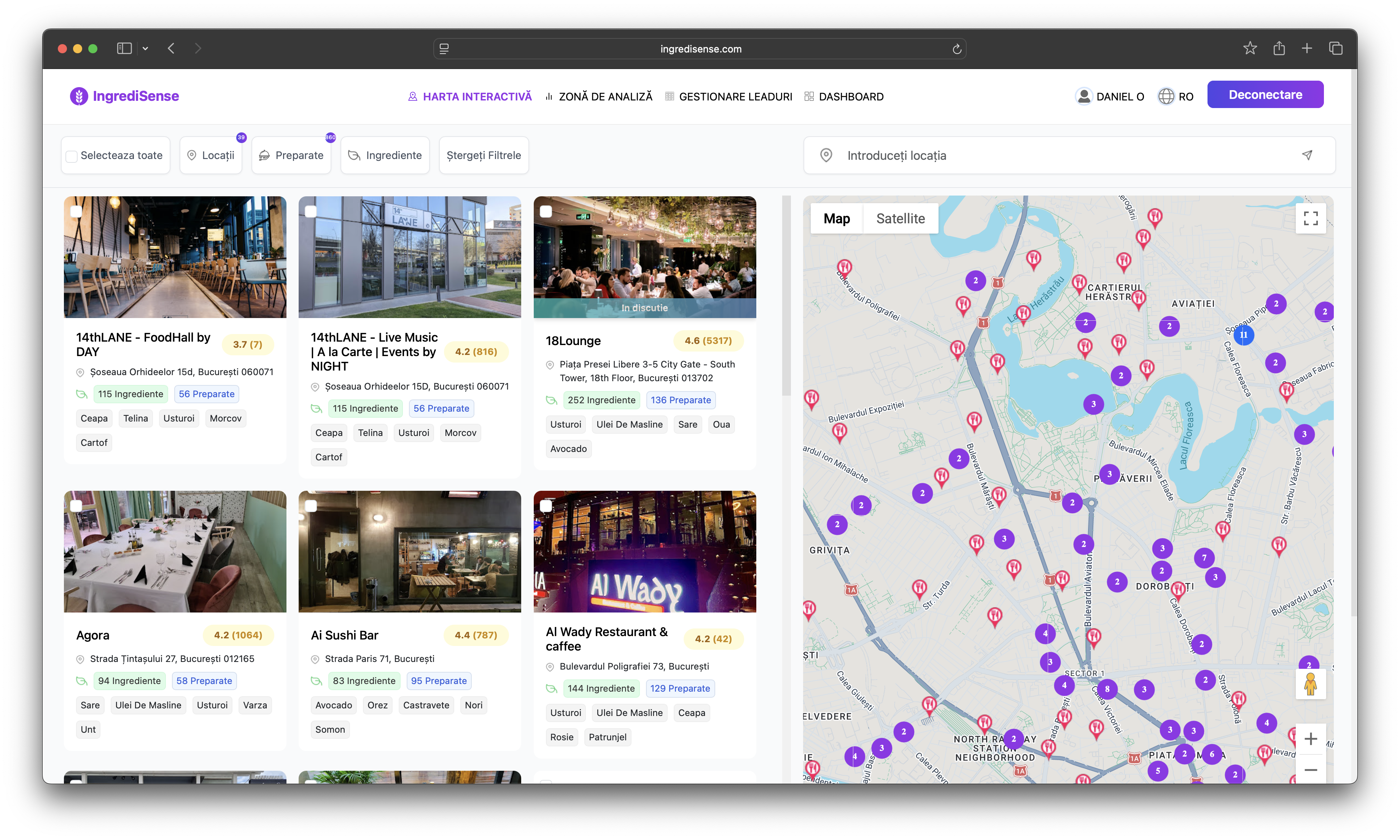 Screenshot produs: explorarea locațiilor în hartă